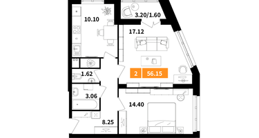 2-к. квартира, 56 м²