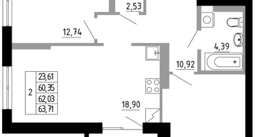 2-к. квартира, 62&nbsp;м²