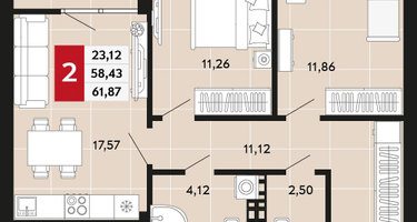 2-к. квартира, 61&nbsp;м²