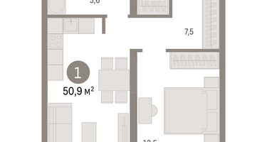 1-к. квартира, 50 м²