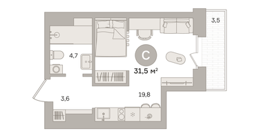 Студия, 31 м²