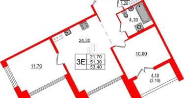 2-к. квартира, 53&nbsp;м²