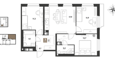 3-к. квартира, 68 м²