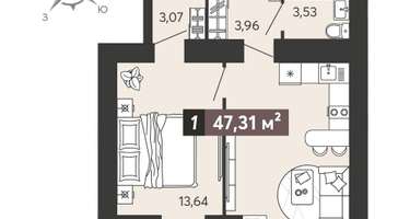 1-к. квартира, 47&nbsp;м²