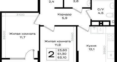 2-к. квартира, 53&nbsp;м²