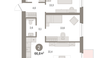 2-к. квартира, 66&nbsp;м²