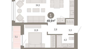 1-к. квартира, 49&nbsp;м²