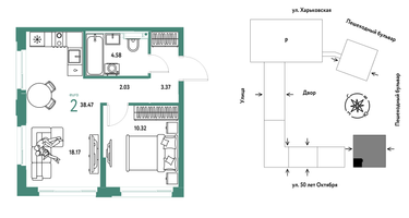 2-к. квартира, 38&nbsp;м²