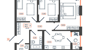 3-к. квартира, 83 м²