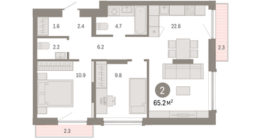 2-к. квартира, 65 м²