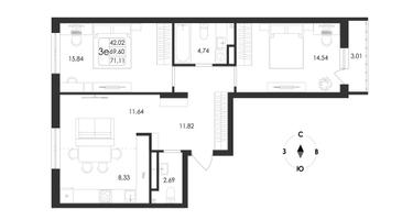 3-к. квартира, 71&nbsp;м²