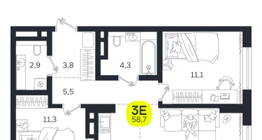 3-к. квартира, 58 м²