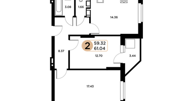 2-к. квартира, 59&nbsp;м²