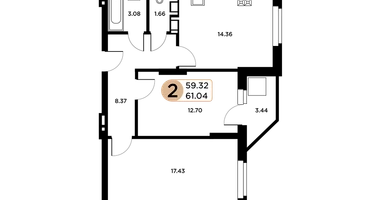 2-к. квартира, 59&nbsp;м²