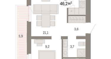 1-к. квартира, 46&nbsp;м²
