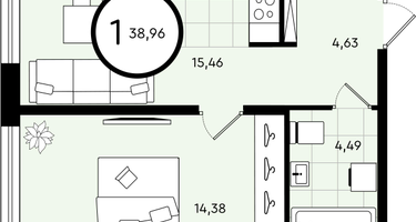 1-к. квартира, 38 м²