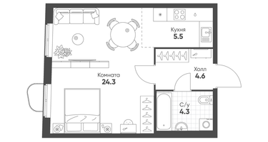 Студия, 38&nbsp;м²