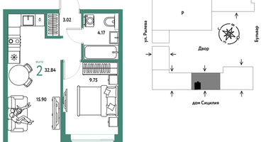 2-к. квартира, 32&nbsp;м²