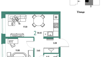 2-к. квартира, 56 м²