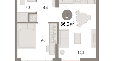 1-к. квартира, 36&nbsp;м²