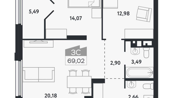 3-к. квартира, 69 м²