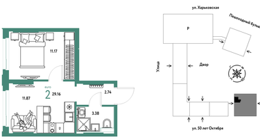 2-к. квартира, 29&nbsp;м²