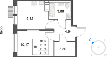 1-комнатная квартира, 31&nbsp;м²