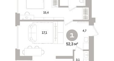 1-к. квартира, 52 м²