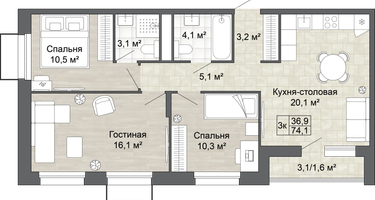 3-к. квартира, 74 м²