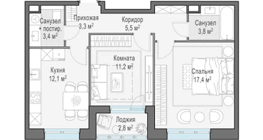 2-к. квартира, 57&nbsp;м²