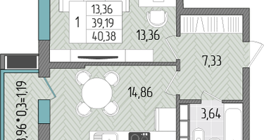 1-к. квартира, 40&nbsp;м²