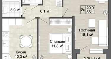 2-к. квартира, 55 м²