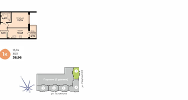 1-к. квартира, 36&nbsp;м²