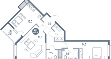 2-к. квартира, 68&nbsp;м²