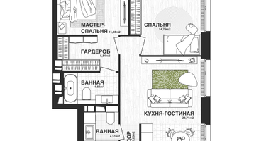 2-к. квартира, 72&nbsp;м²
