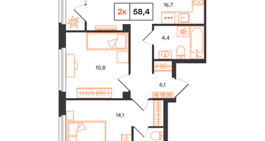 2-к. квартира, 58&nbsp;м²
