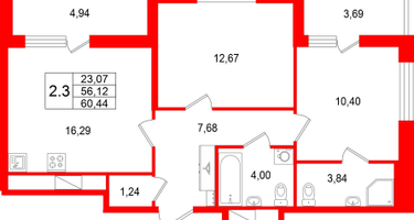 2-к. квартира, 56&nbsp;м²