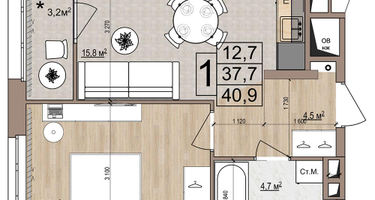 1-к. квартира, 40&nbsp;м²