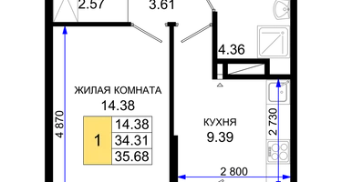 1-к. квартира, 35&nbsp;м²