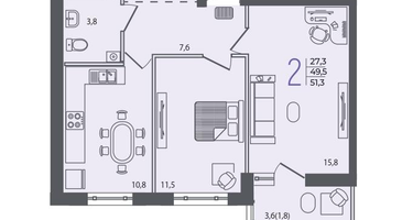 2-к. квартира, 51&nbsp;м²