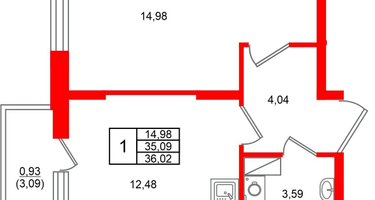 1-к. квартира, 36&nbsp;м²