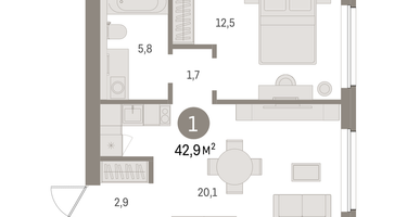 1-к. квартира, 42&nbsp;м²