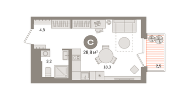 Студия, 28 м²