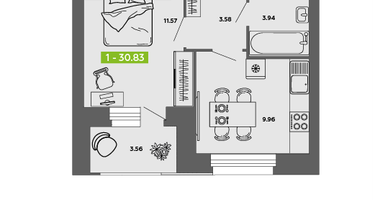 1-к. квартира, 30&nbsp;м²