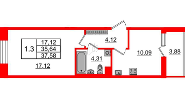 1-к. квартира, 35 м²