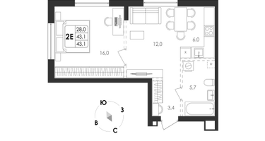 2-к. квартира, 43 м²