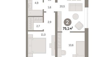 2-к. квартира, 75 м²