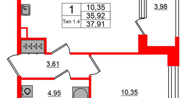 1-к. квартира, 35&nbsp;м²