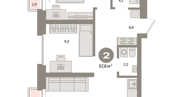 2-к. квартира, 57 м²