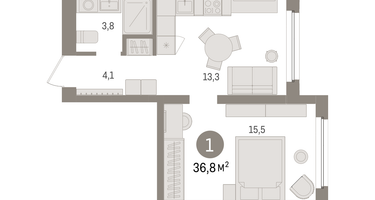 1-к. квартира, 36&nbsp;м²